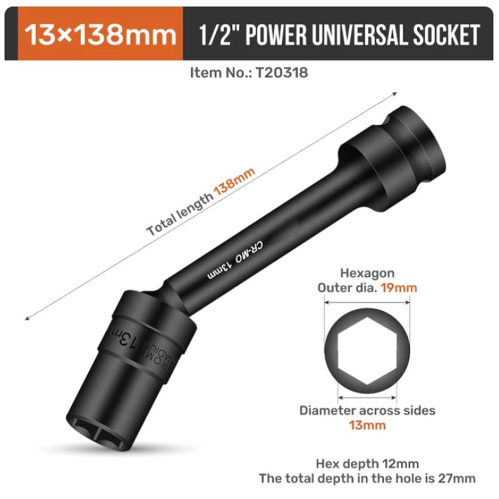 Schlag-Dreh-Sechskant-Steckkopf-Adapter 1/2-Zoll Antrieb Kardangelenk Cr-Mo Stahl Schraubenschlüssel Konverter 12-19mm