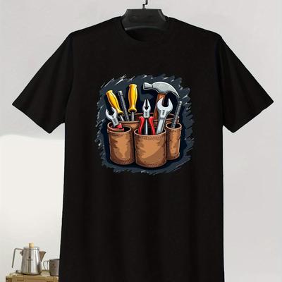 Men's Casual Short Sleeve T-Shirt with Tool Belt Tools Graphic Print Summer Tee Vibrant Blue Regular Fit Machine Washable
