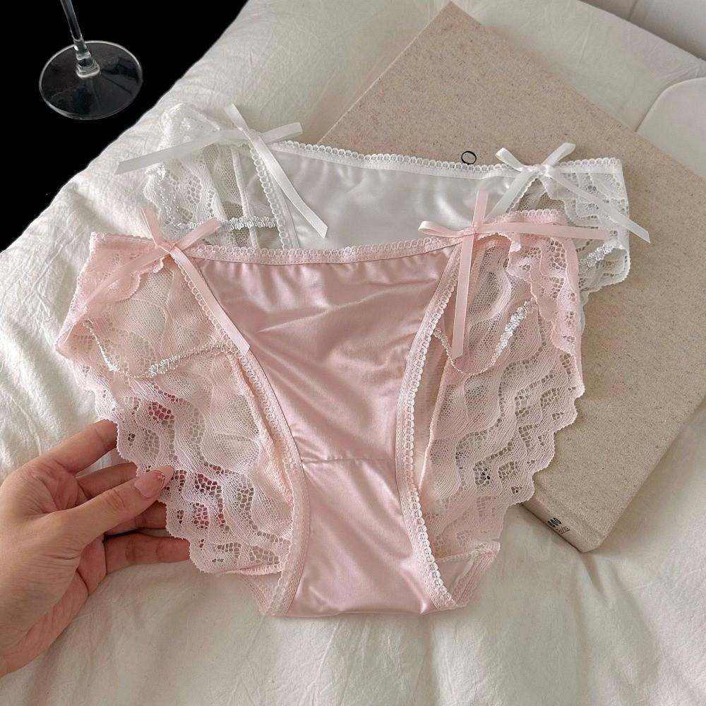 Bow Lace Flower Panties Transparent Women Underwear Sweet Lace Mesh Briefs Gifts