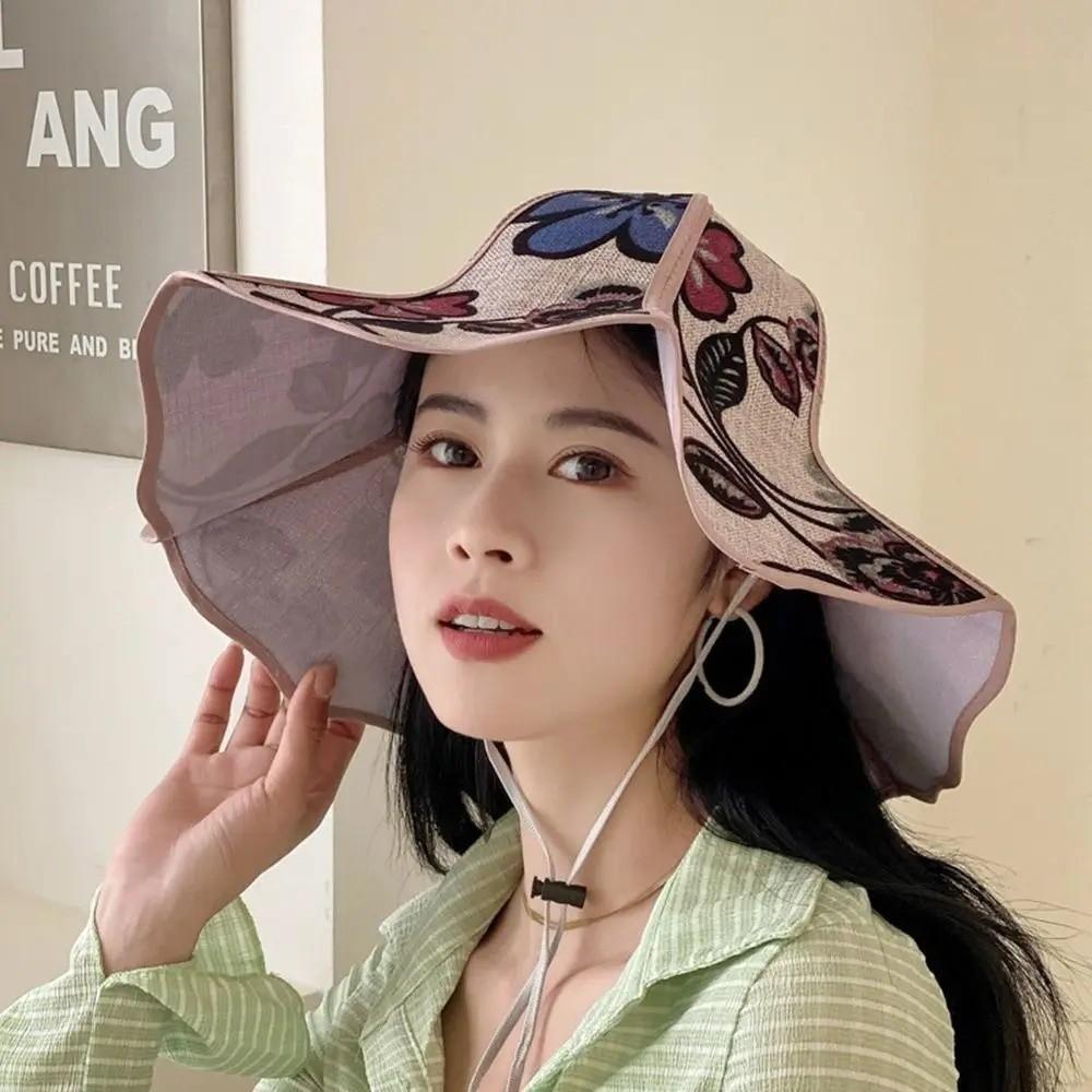 Breathable Foldable Sunshade Hat UV Protection Drawstring Large Brimmed Fisherman Hat Linen Cloth Adjustable Wide Brim Sun Cap
