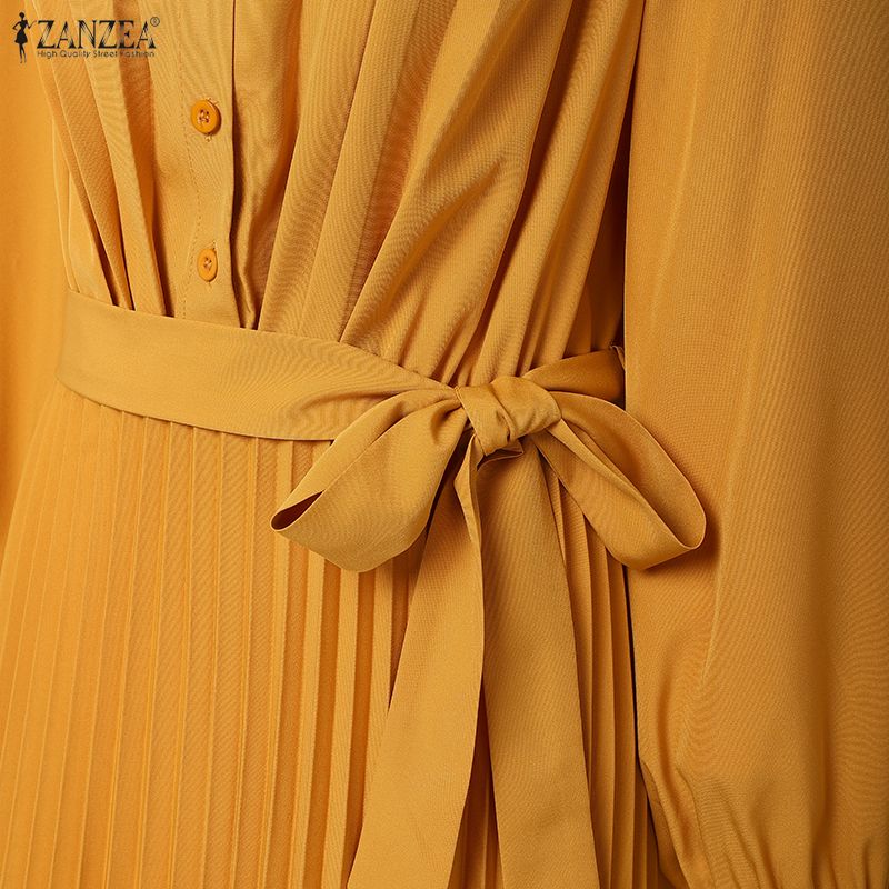 ZANZEA Kobiety Casualowa Sukienka z Okrągłym Dekoltem w Jednolitym Kolorze z Długim Rękawem i Luźnym Krojem