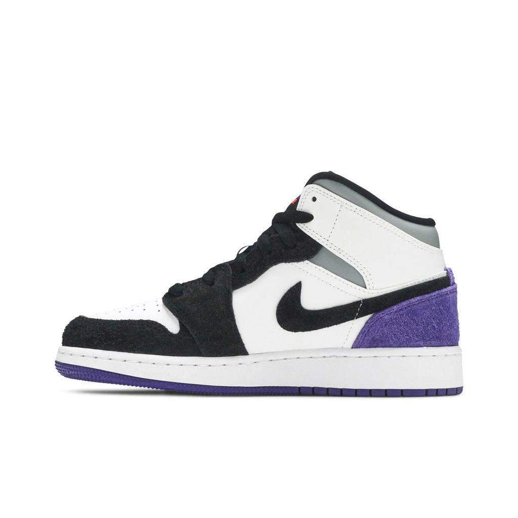 Air Jordan 1 Mid SE Grade School 'Varsity Purple' (Unisex) White / Black / Light Solar Flare Heather / Varsity Purple Kids' Basketball Shoes