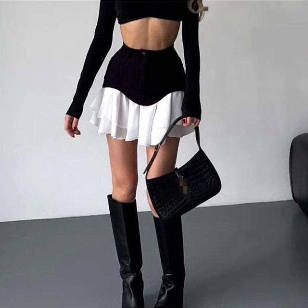 Chic Ruffles Women's Midi Skirt High Waisted Pleated Splice A Line Skirts Fashion Lady Street