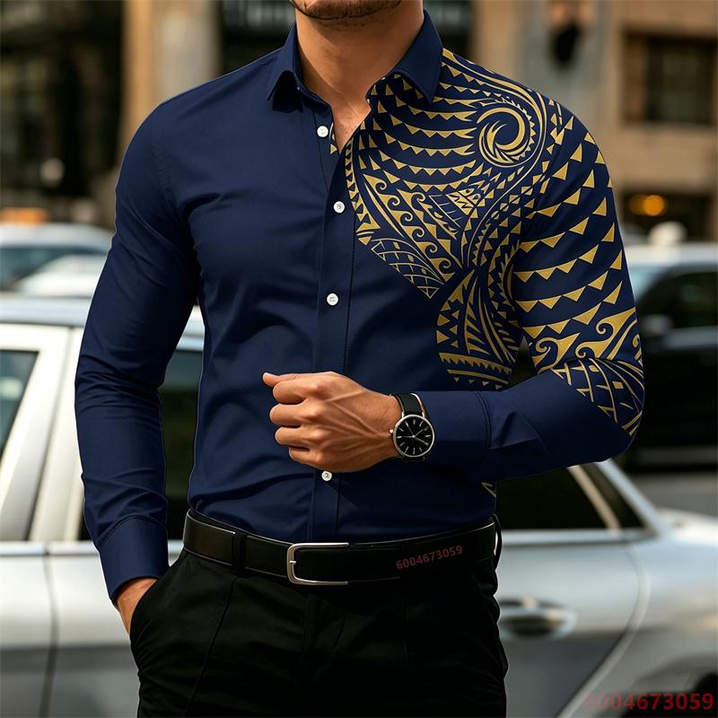 Men's Long-Sleeve Shirt, Fashionable Pattern Print, Slim Fit, European Size Business Casual Men's Top