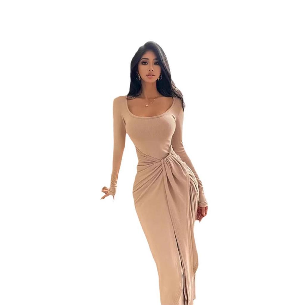 Flesh Tone Lace-Up Bodycon Midi Dress with Slimming Waist