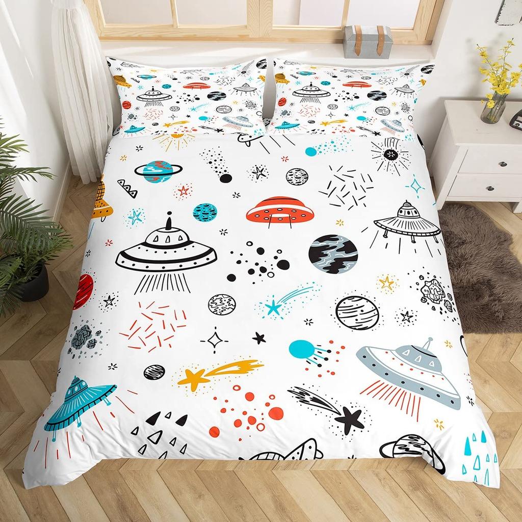 Kids Rocket Duvet Cover Twin Boys Space Planet Theme Bedding Set 3pcs Set Watercolor Spaceship Stars Universe Comforter Cover