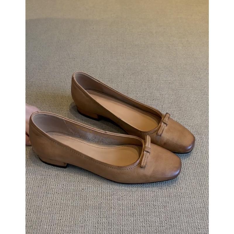 Sheepskin leather shoes French retro bow flat bottom shallow mouth commuting single shoes women's one-pedal grandma shoes ladyshoes