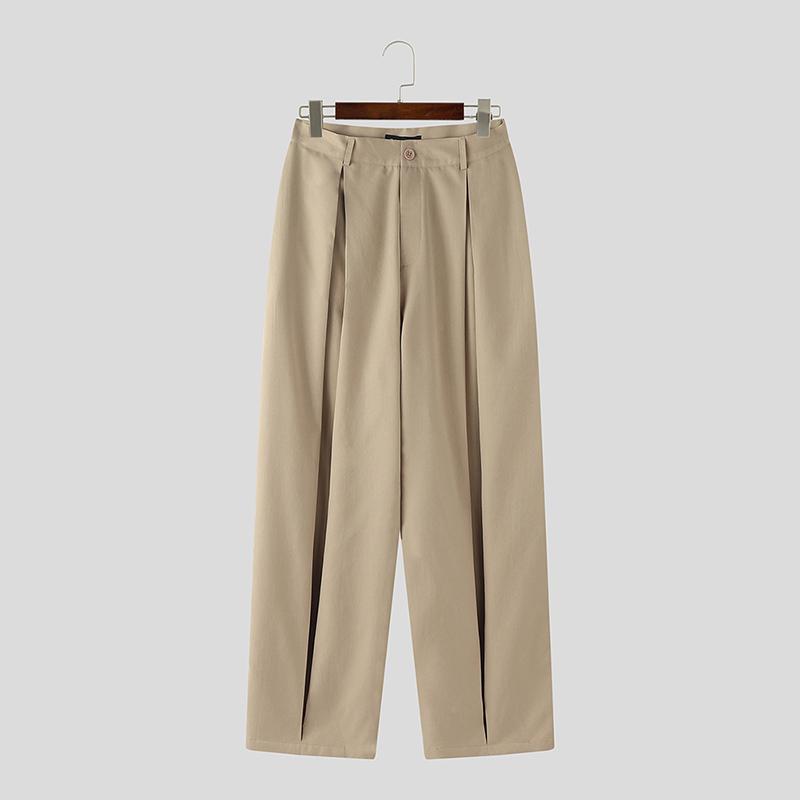 INCERUN Men Zipper Button Waist Solid Pleated Casual Long Pants Trousers