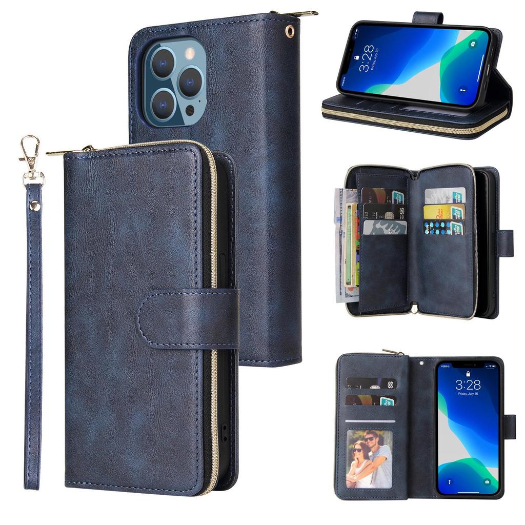 Apple iPhone 13/12 Mini Leather Case: Nine-Card Zipper Style for 14 Pro Max