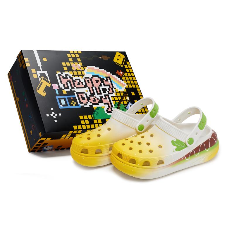 Crocs Crush Clog 811 Delicious Crab Burger Special Shoe Box Hamburger Dopamine Hole Shoes Unisex White Brown Yellow and Green