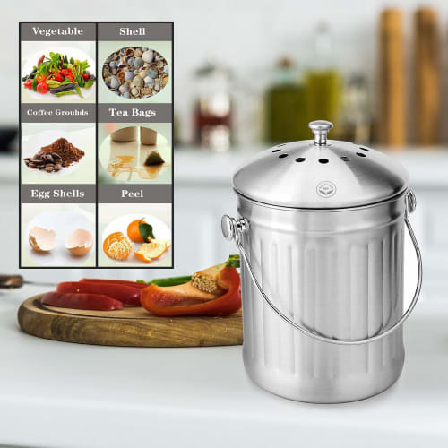 NewlineNY Stainless Steel Indoor Compost Bin for Kitchen Countertops, 1.3 Gallon Recycling Bucket with Two Charcoal Filters