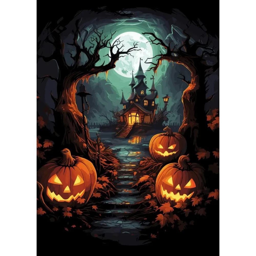 A Classic Vintage Wall Art Pumpkin Black Cat Ghost Painter Halloween Night, Printed Poster, Home Living Room Bedroom Decoration
