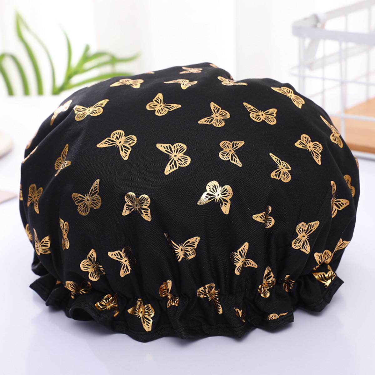 Women Shower Caps Hat Reusable Waterproof Bath Cap Double Waterproof Layers Butterfly Hot Gold Printed Polyester Shower Cap