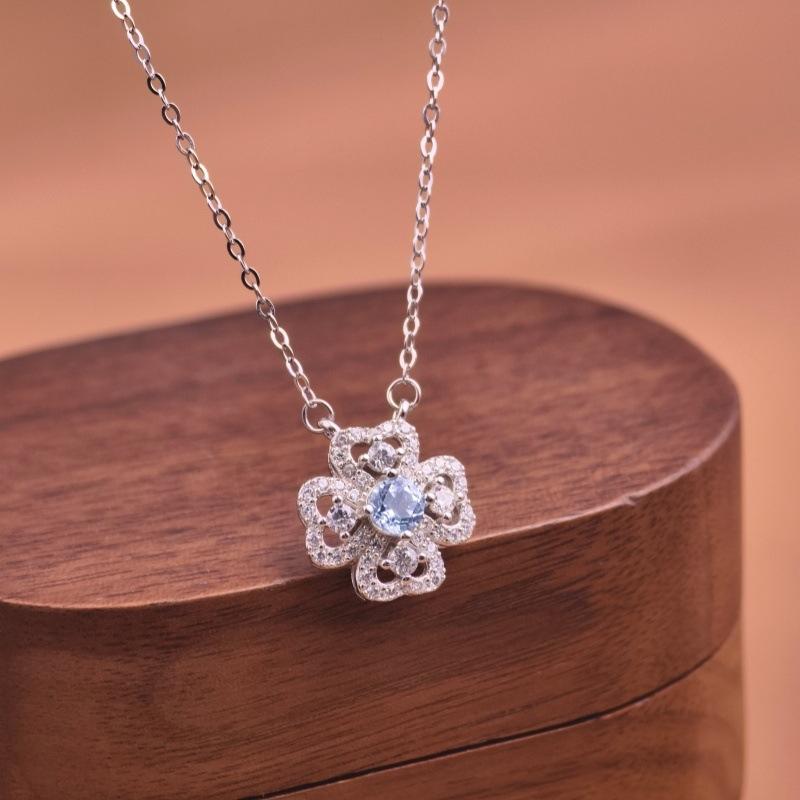 S925 Silver Lucky Four Leaf Clover Pendant Necklace Natural Crystal Clavicle Chain Fashion Jewelry