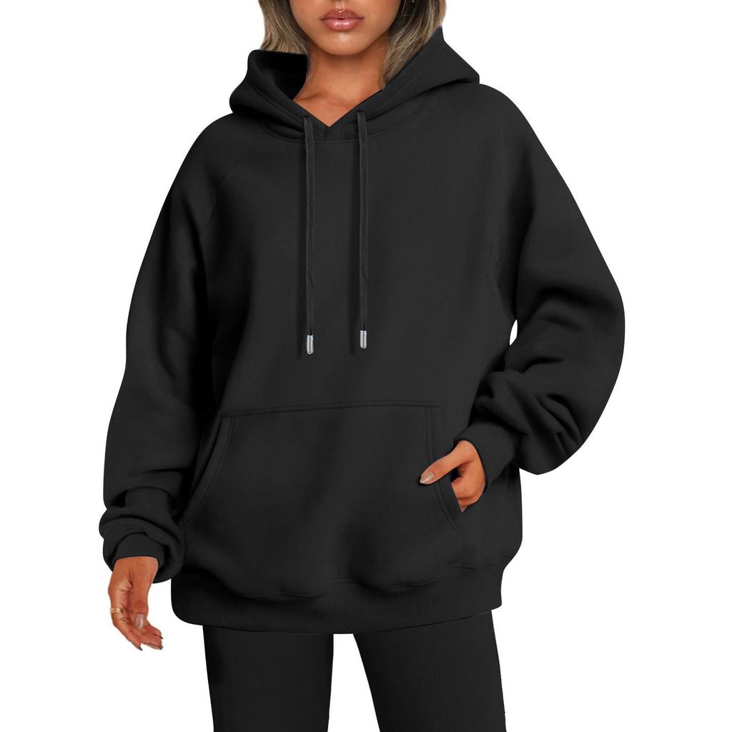 European 2023 Women's Autumn/Winter Plus Velvet Solid Color Loose Hooded Sweatshirt