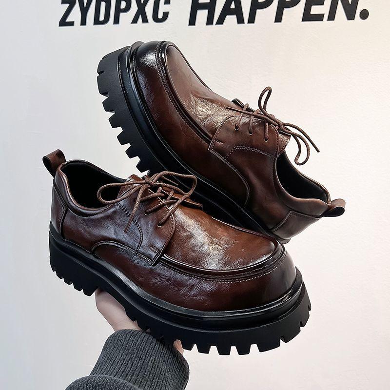 2025 New Brown Leather Men Trendy American Style Height-Increasing Chunky Stylish Thick Sole Hot-Selling Derby Shoes