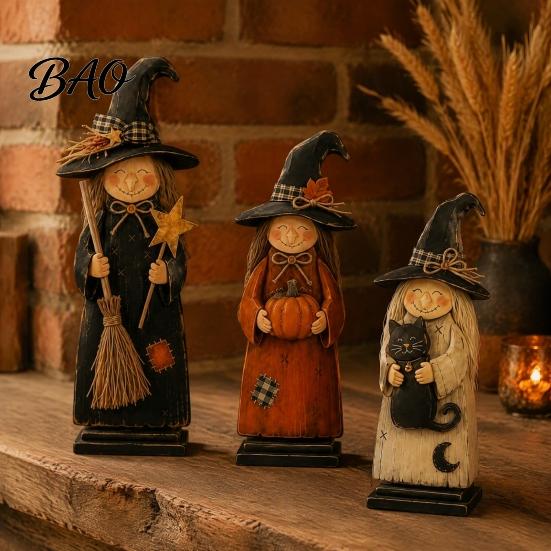 Charming Witch Decor for Autumn Parties Wooden Ornament, Retro Halloween Figurine with Broom/Pumpkin/Black Detailed Carving Cat, Creative Tabletop