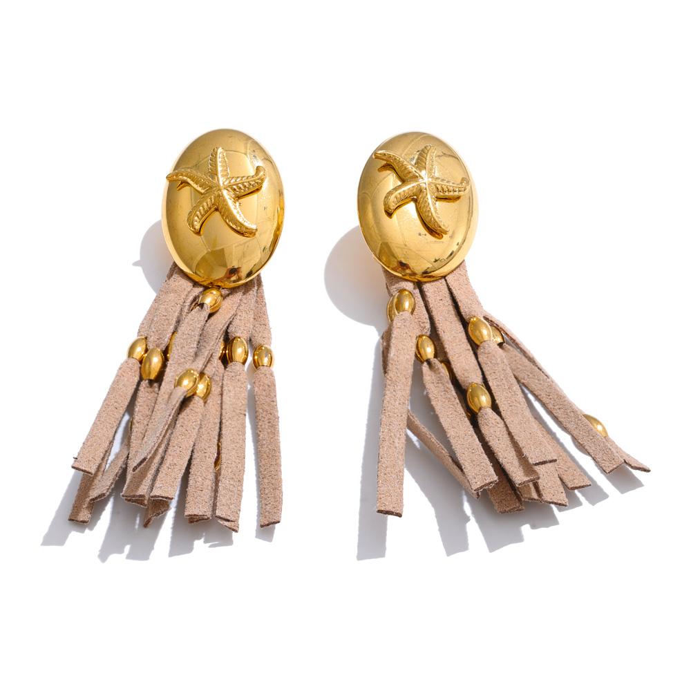 

Yhpup Fashion Ocean Shell Stainless Steel Gold Color Coffee Fibre Leather Tassel Drop Dangle Long Earrings for Women 2025