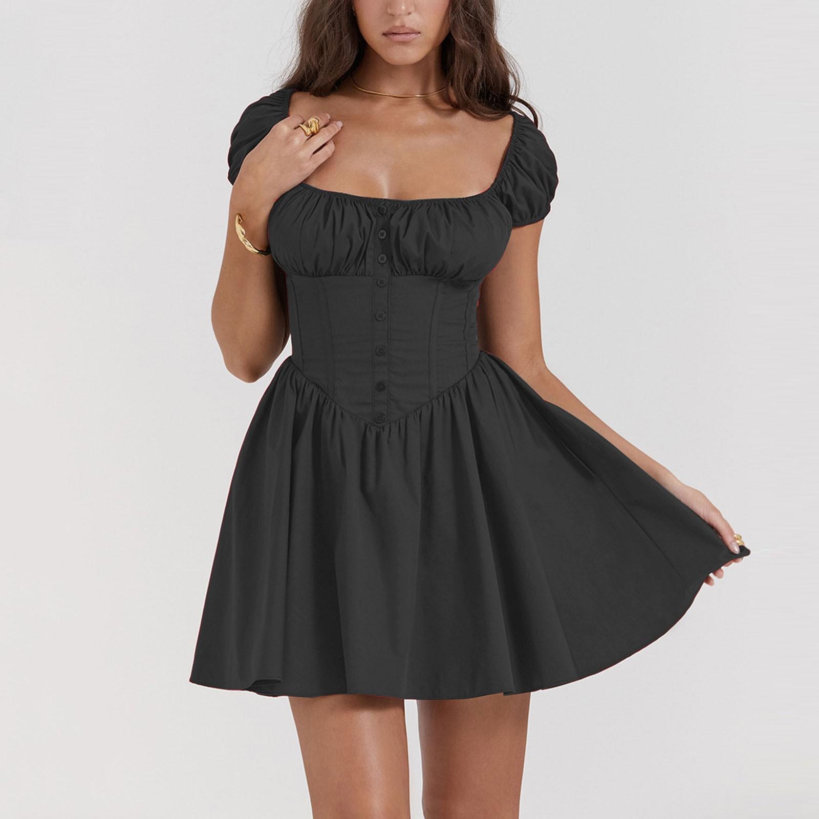 

Модное летнее платье для отдыха с квадратным вырезом, темно-синее мини-платье А-силуэта, повседневные праздничные платья с коротким рукавом, элегантная женская одежда L чёрный