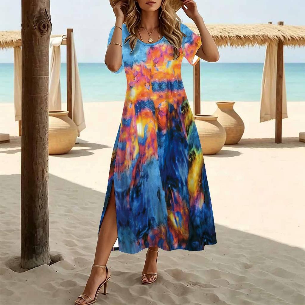 Women Fashion Round Neck Tie-dye Pattern Printed Short Sleeve Side Slit Dress Casual Vacation Dress Long Loose Dress