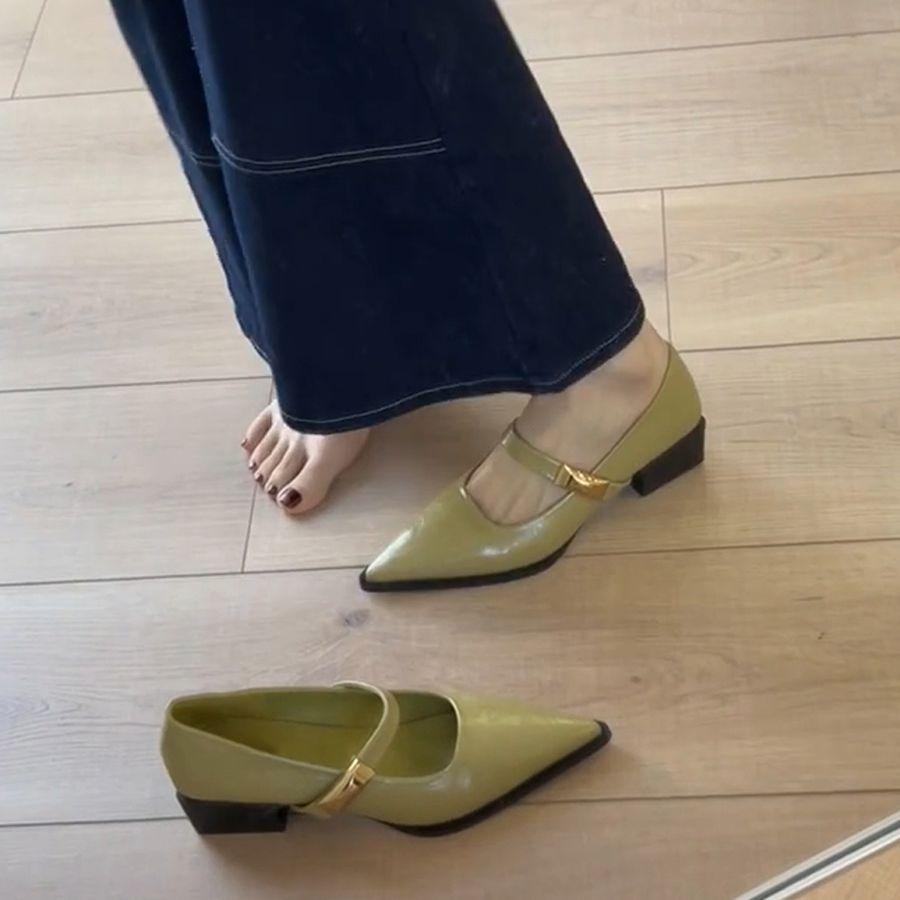 Französische spitz zulaufende Temperament-Mary-Jane-Schuhe mit dickem Absatz mit einem Wort, absolut vielseitige Pendler-Grünlicht-Mund-Einzelschuhe, Damen