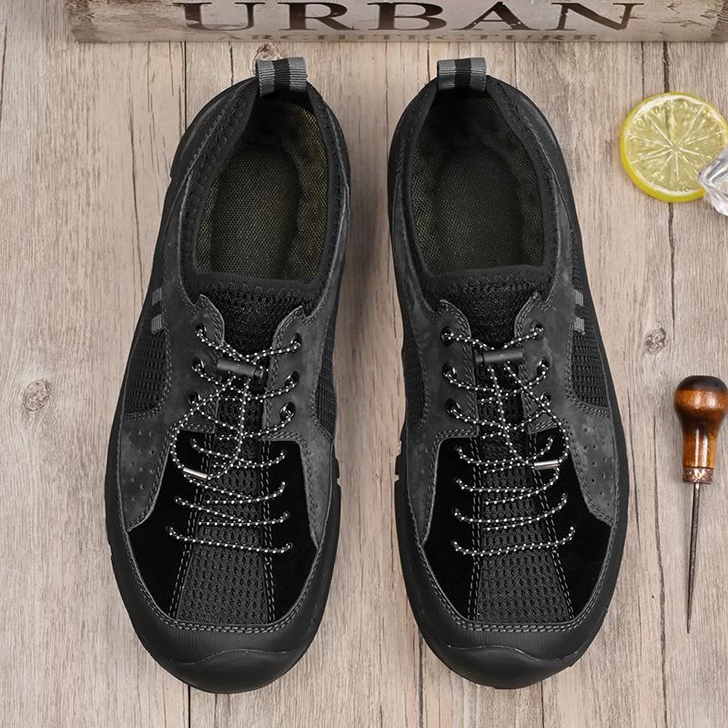 Summer New Elastic Band Outdoor Mesh Shoes Genuine Leather Men Casual Shoes Outdoor Mens Sneakers Male Comfortable Walking Shoes