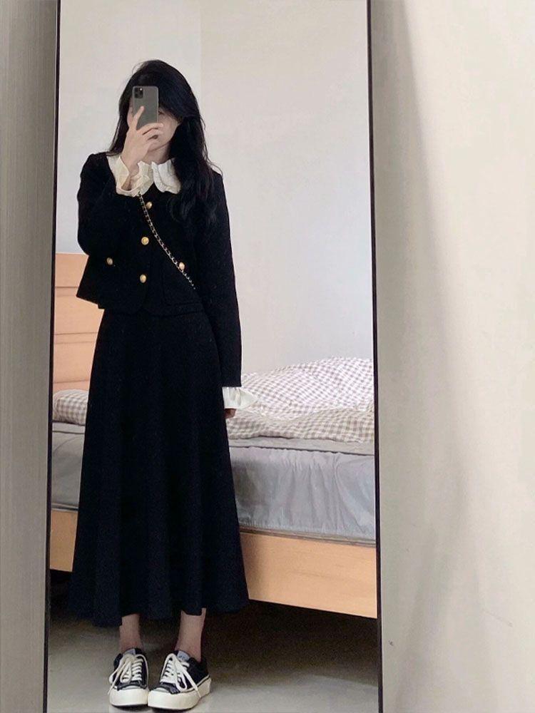 Kış Şık İki Parça Set Kadın Vintage Düğme Kırpılmış Ceket Midi Etek Seti Sonbahar Vintage İnce Ofis Bayan Moda Tasarım Setleri