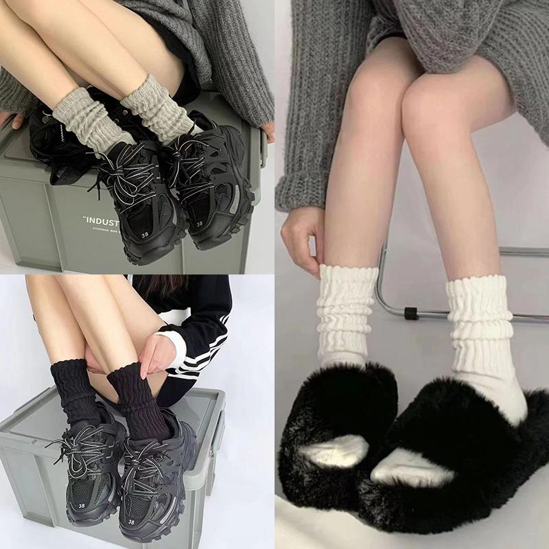 1Pair Solid Color Knitted Long Socks For Women Sweet  Loose Crochet Middle Tube Lolita Sox Boot Cuffs Ruffles Stockings