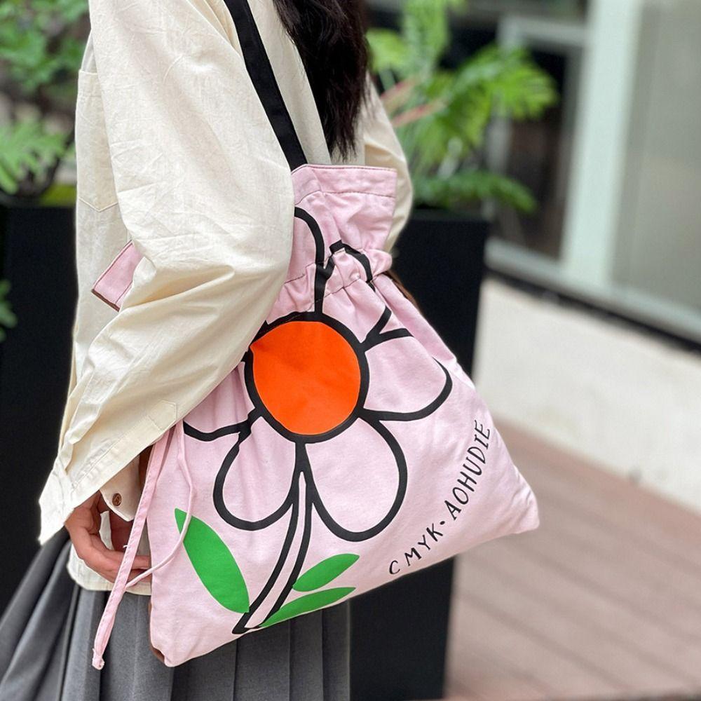 

Korean Style Flower Shoulder Bag Fashion Printed Handbag All-match Drawstring Bag Travel бежевий