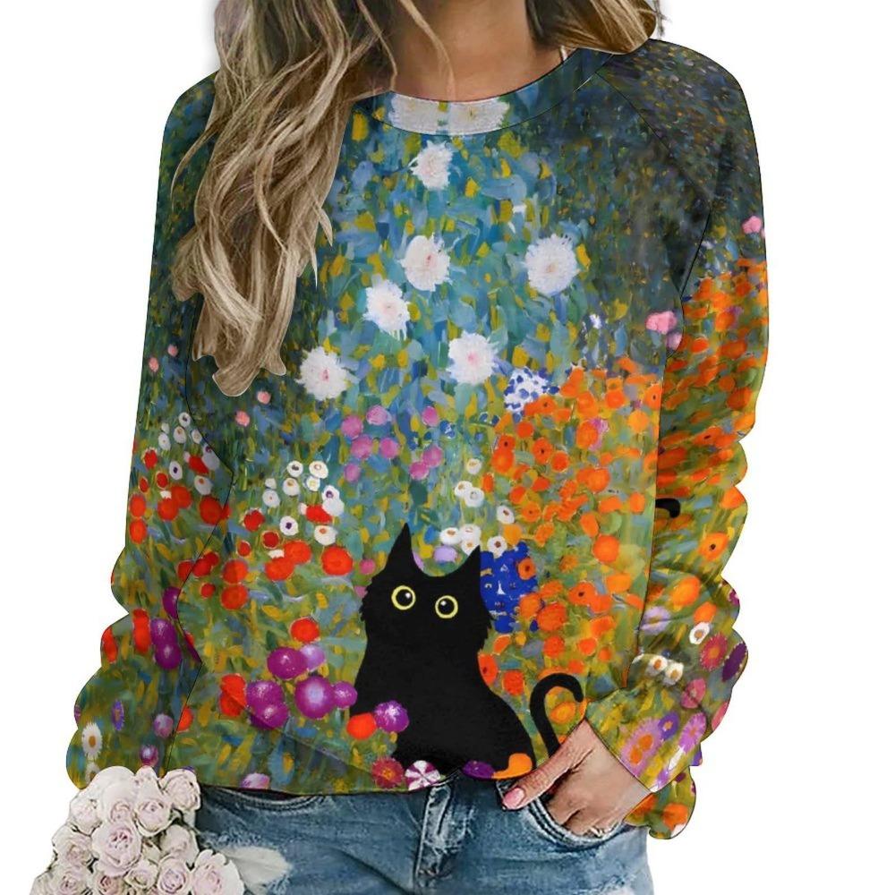 Cute Cat Floral Sweatshirts Flower 3D Print Women New O-Neck Hoodies Casual Streetwear Y2k Pullovers Harajuku Top Woman Clothing