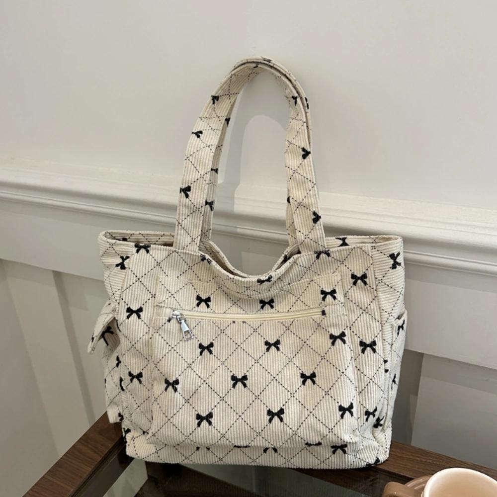 Bow Pattern Commuting Shoulder Bag Corduroy Handbag Large Capacity Women Tote Bag Multi-pockets Eco-friendly Shopping Bags