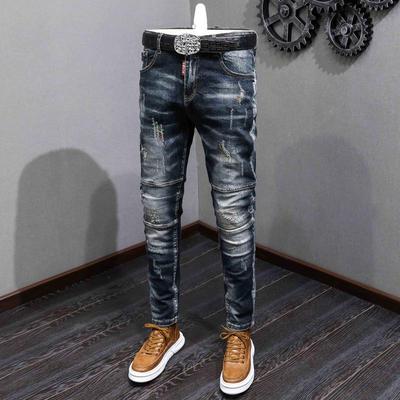 Pánske úzke modré a čierne washed džínsy v európskom a americkom štýle s vyšívaným detailom, Hongkonská pouličná móda