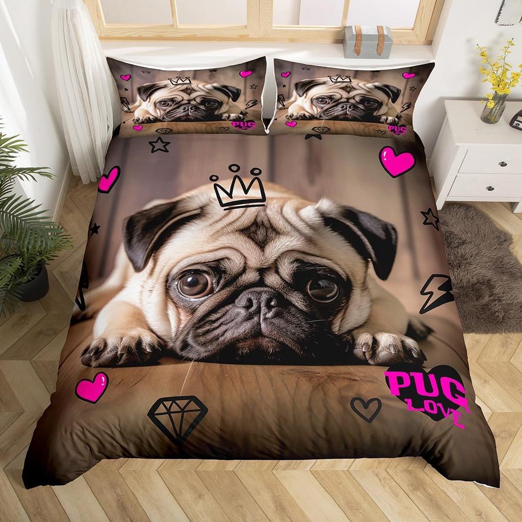 Pet Dog Duvet Cover for Kids Teen Boys Lovely Animal Theme Bedding Set Full Cute Pug Dog Print Comforter Cover with 2 Pillowcase