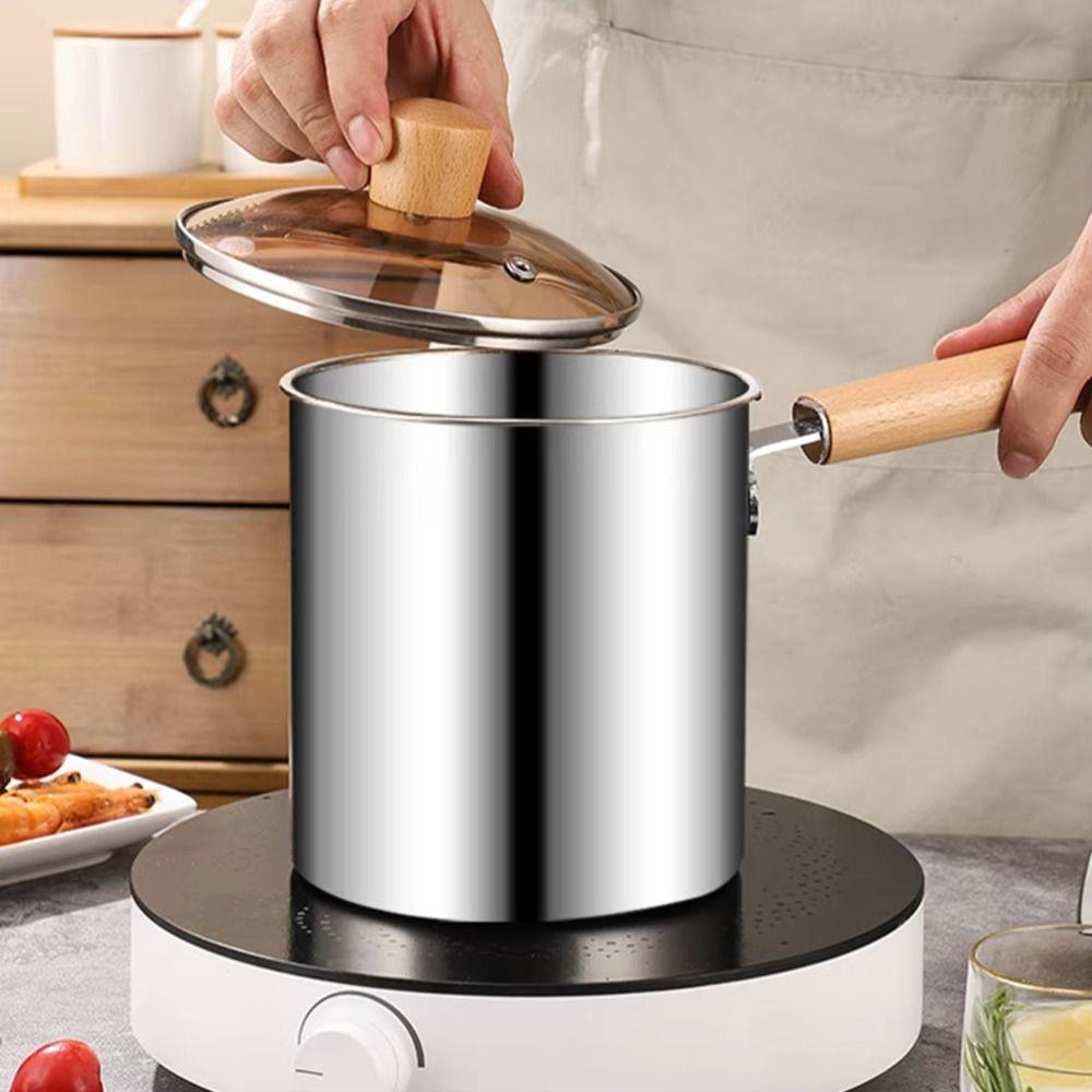 Heat Resistant Deep Fryer with Strainer Wood Handle Stainless Steel Frying Pan  Household Cooking