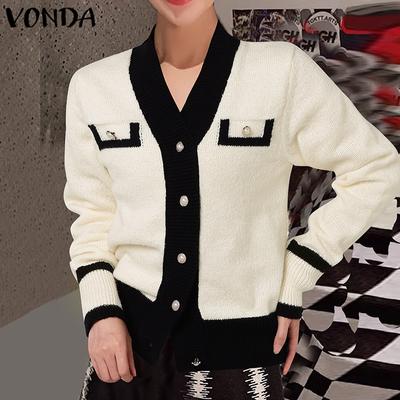 Women Autumn Winter V-Neck Long Sleeve Patchwork Knittes Cardigans Swerters