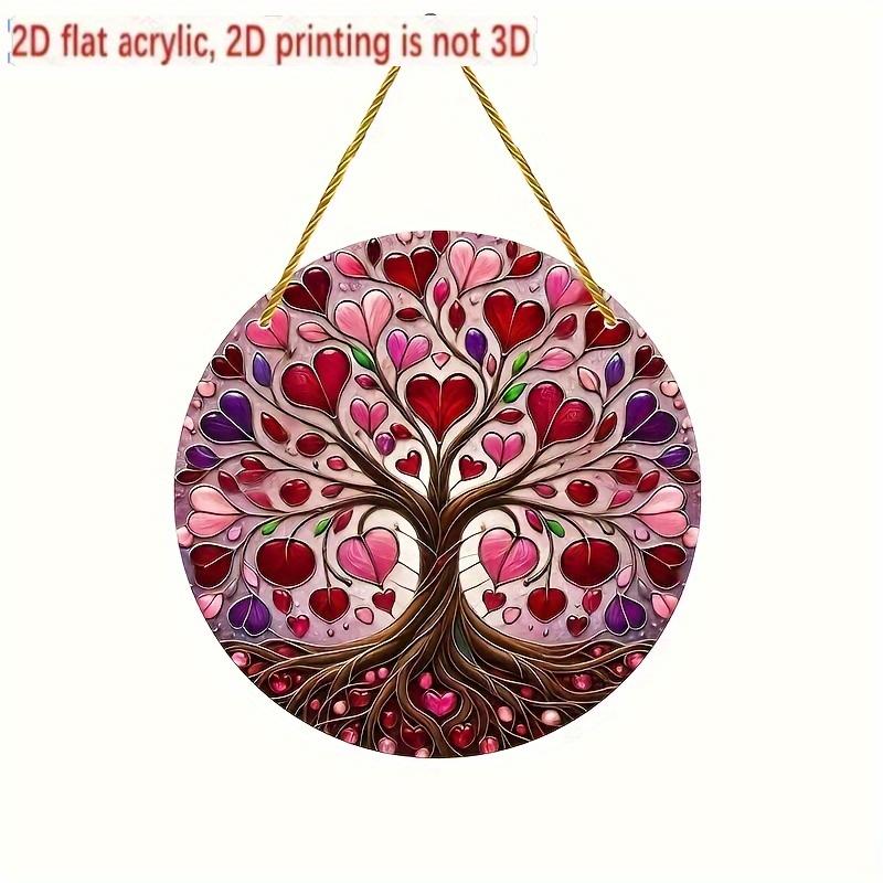 2D Flat Round Tree Acrylic Decoration Sign, Pink, Red, Purple Heart Leaves Design, Suitable for Wall Decoration, Porch, Room, Villa, Accents Home, Hal