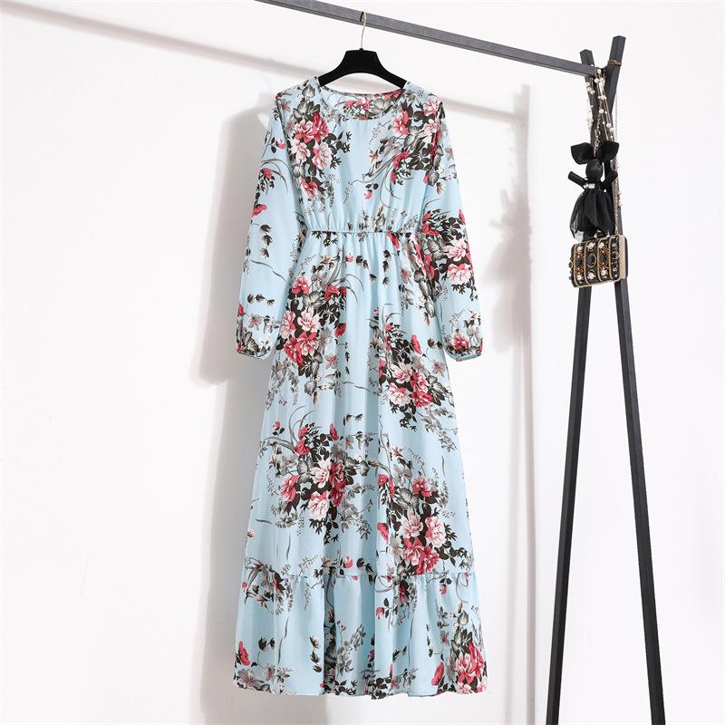 2022 European & American Floral A-Line Dress - Spring, Long Sleeve, Round Neck, Slim Fit