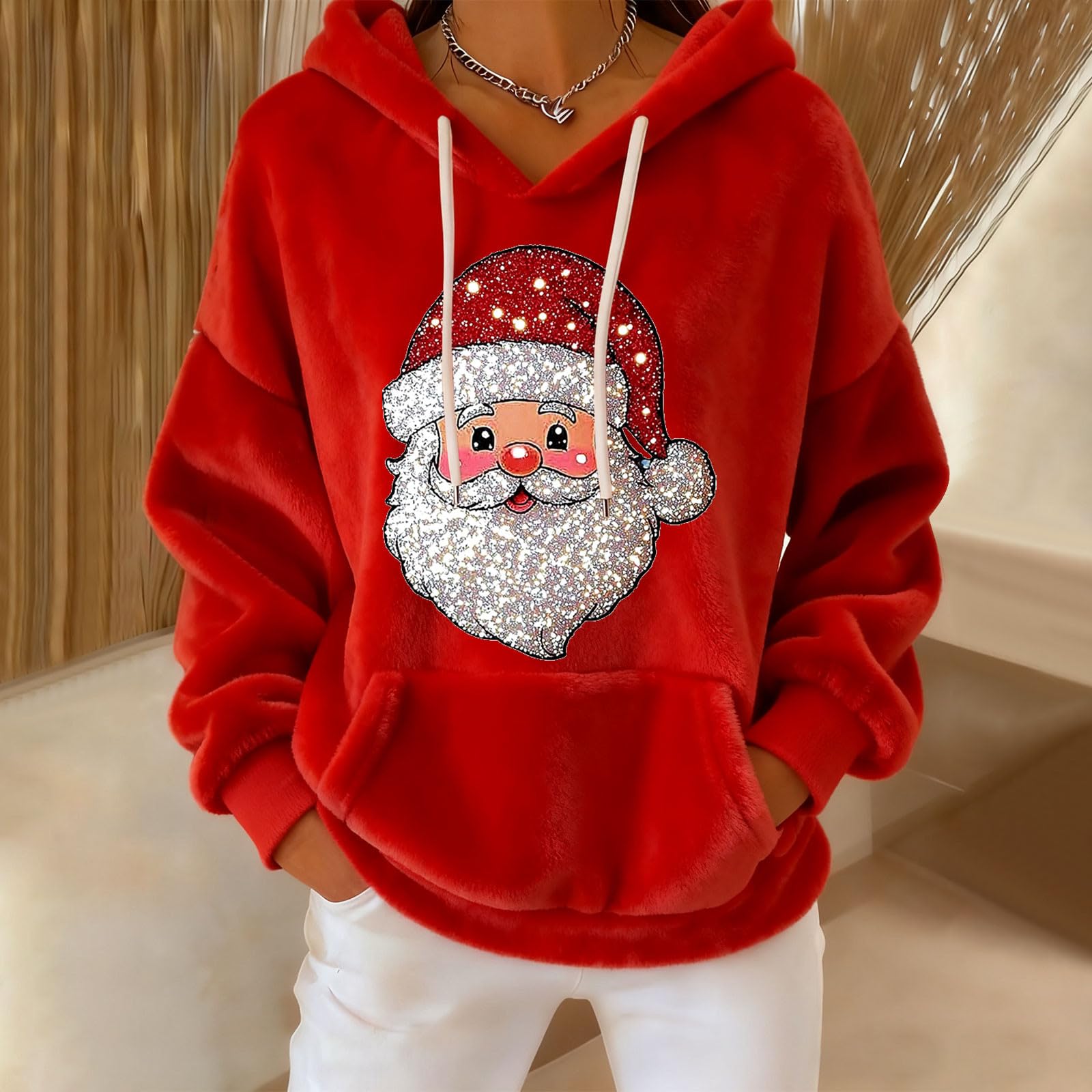 

Женское свободное и удобное худи с V-образным вырезом на кулиске и длинными рукавами с рождественским принтом M белый