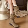 Sheepskin Mid-Calf Suede High-Heel Western Boots for Women