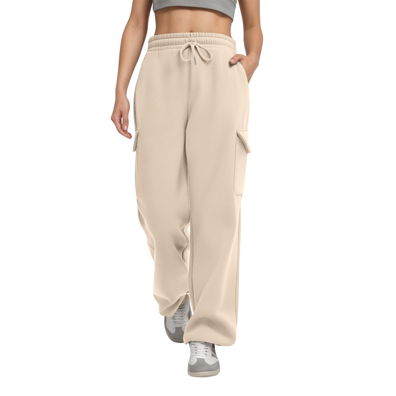 

Womens Sweatpants With Pockets Fall Winter Fleece Lined Warm Solid Color L бежевый