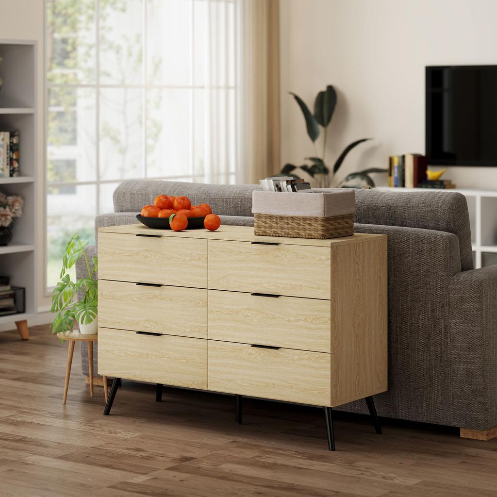 6-Drawer Chest Modern Chest of Drawers for Bedroom with Anti-Tip Design 110L x 40W x 75H cm Wood Look