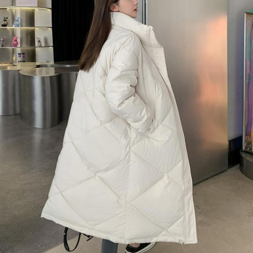 Mode Oversize Gepolsterte Mäntel Frauen 2022 Winter Koreanischen Stil Stehkragen Unten Mäntel Casual Reine Farbe Lange Parkas Weibliche Zipper design Chic