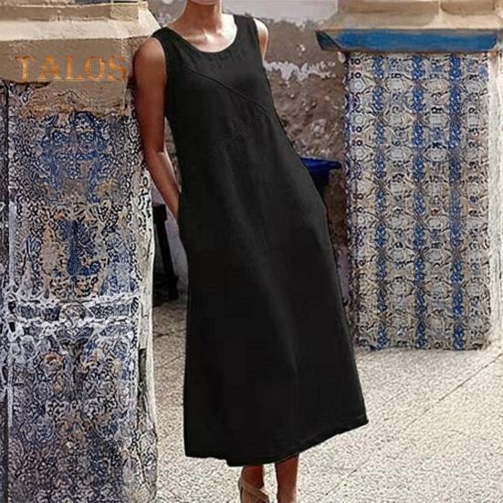 Sleeveless Maxi Dress for Women Loose Crew Neck Tank Dress with Pockets Beach Vacation Long Sundress Summer Casual Outfit