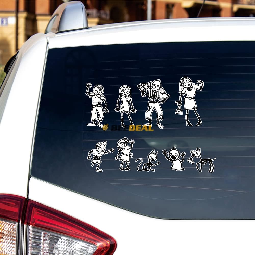 

Zombie Stick Family Figure Pet Dog Car Truck Bumper Sticker Decal Vinyl - Set of 9 Reflective - White Background