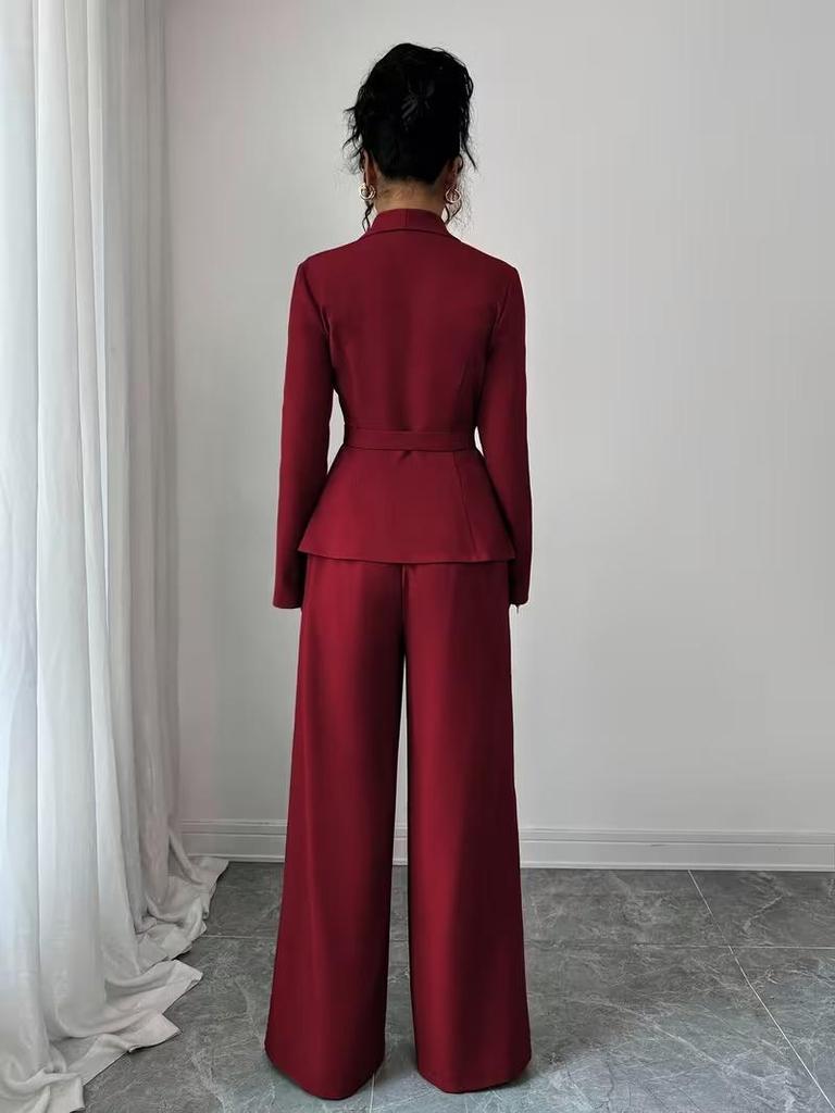 Women's European & American Spring/Autumn Fashion V-Neck Long Suit with Wide-Leg Pants Set
