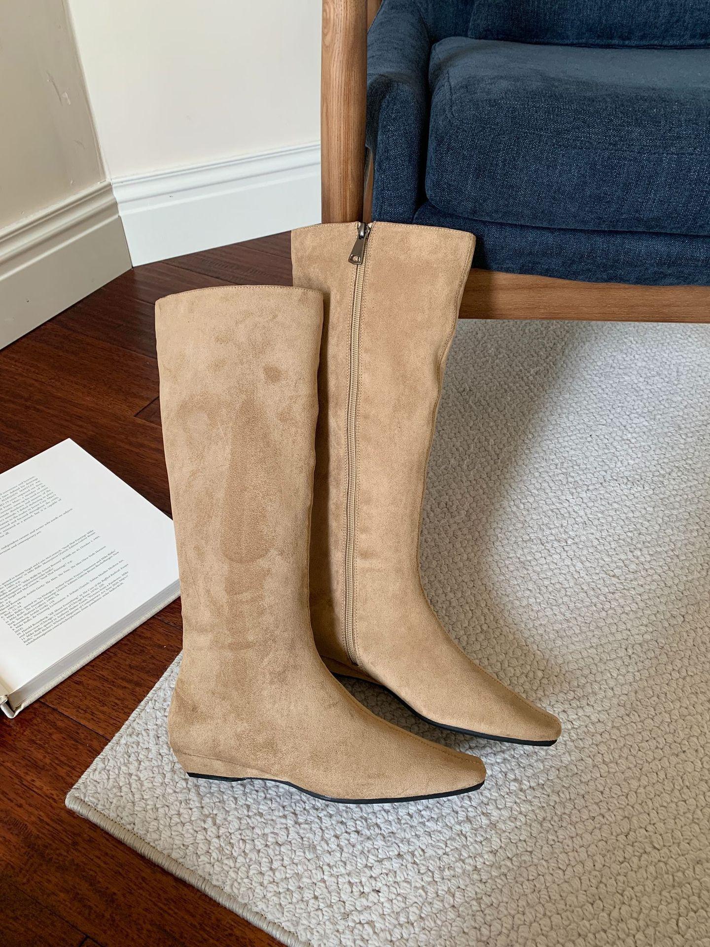 

2025 autumn and winter new fashion square head buckle 2.5cm small slope heel boots knight boots fried street height increasing tube 39 хакі