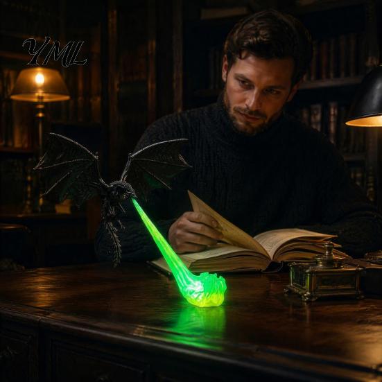 Fantasy Home Accessories 3D Printed Fire-Breathing Dragon Shelf Decor, Flying Nook Bookshelf Light, Black Design Artistic PLA Figure with Green Flame,