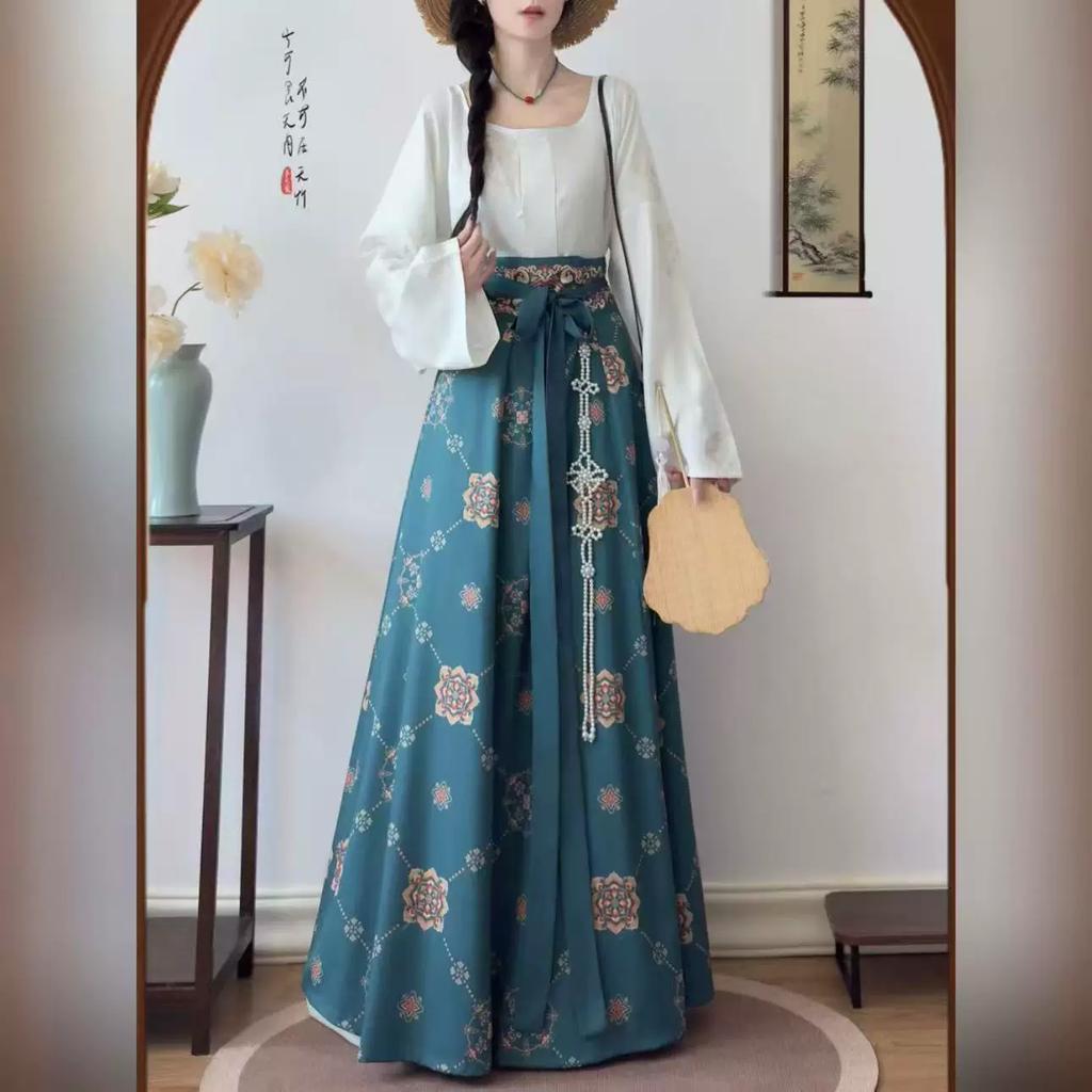 Chinese Tang Dynasty Style Hanfu For Women Printed Crew Neck Shirt Waist One Piece Skirt Daily Commuting Suit