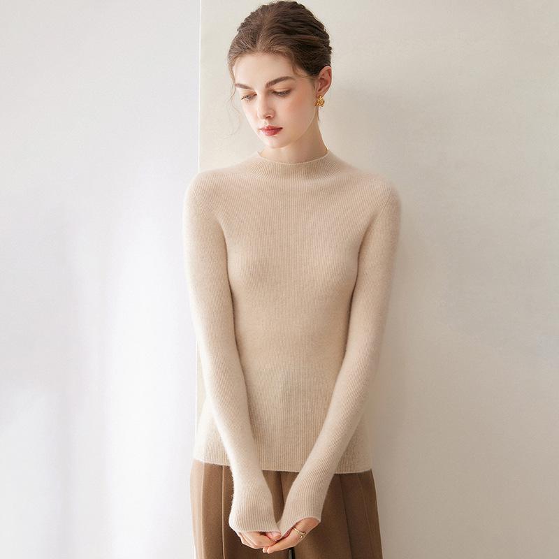 Women's Cashmere Seamless Knit Long Sleeve Sweater, Half-High Neck.