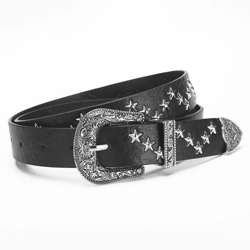 2024 Korean Niche Design Retro Belt: Women's Star-Decorated High-End Brown PU Leather Waist Belt.